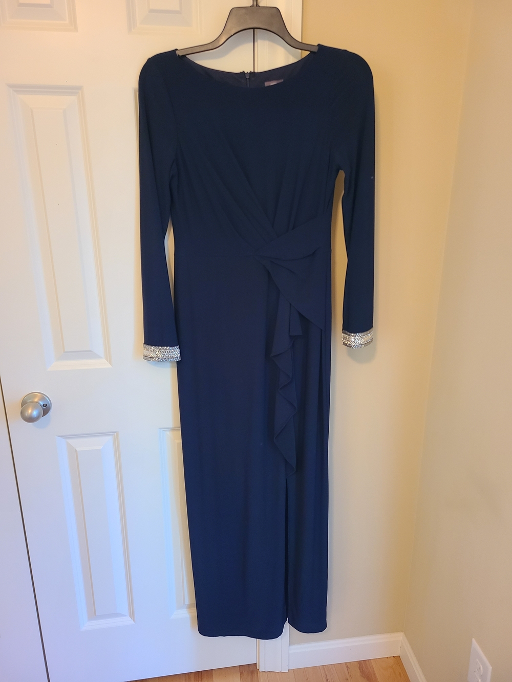 Vince Camuto Navy Long-Sleeve Evening Gown with Rhinestone Cuffs